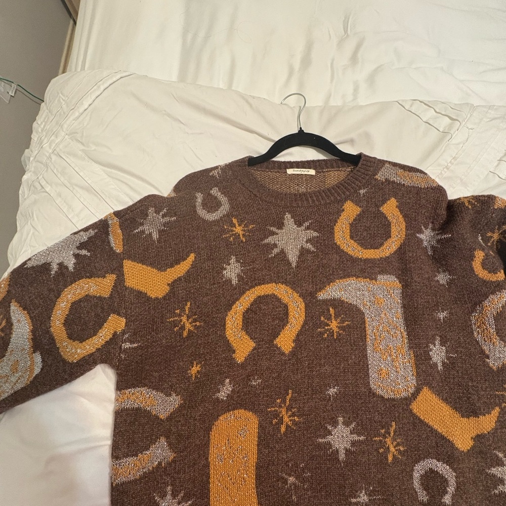 Sunday Brown Crew Neck Sweater with Unique Motifs